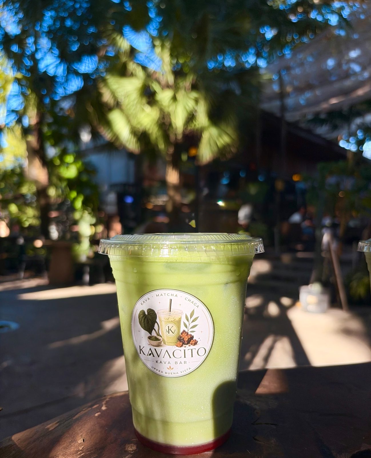 A Kavacito matcha on a table under the palms at Upper Buena Vista